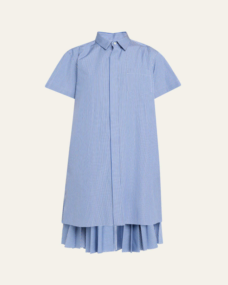 Stripe Pleated High-Low Shirting Dress